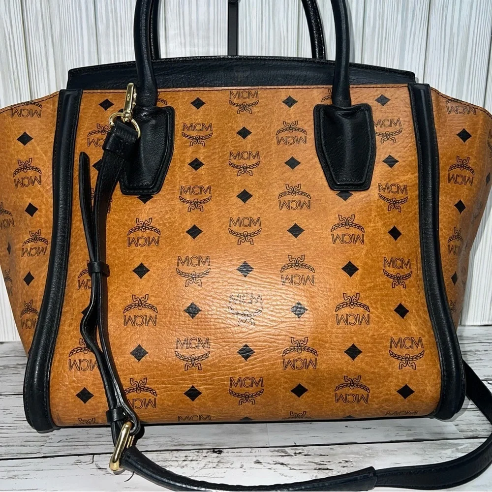 MCM Vintage Cognac Visetos Tote Bag Black Leather Trim Satchel Handbag